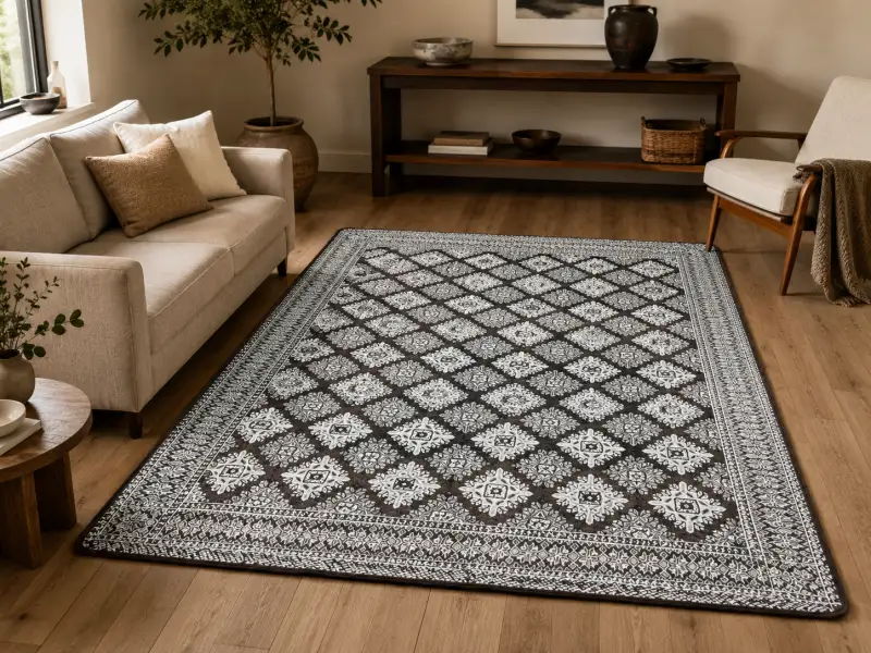 Patterned throw spread on the floor indoors