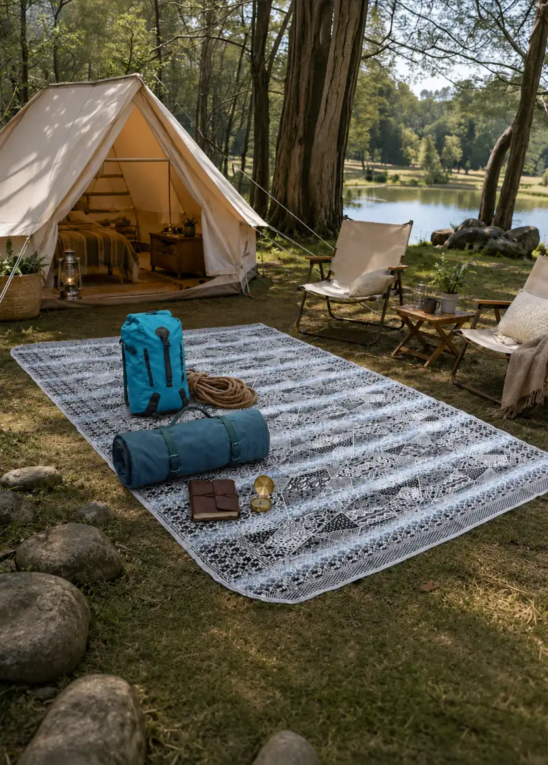 Throw spread in front of a tent at a campsite