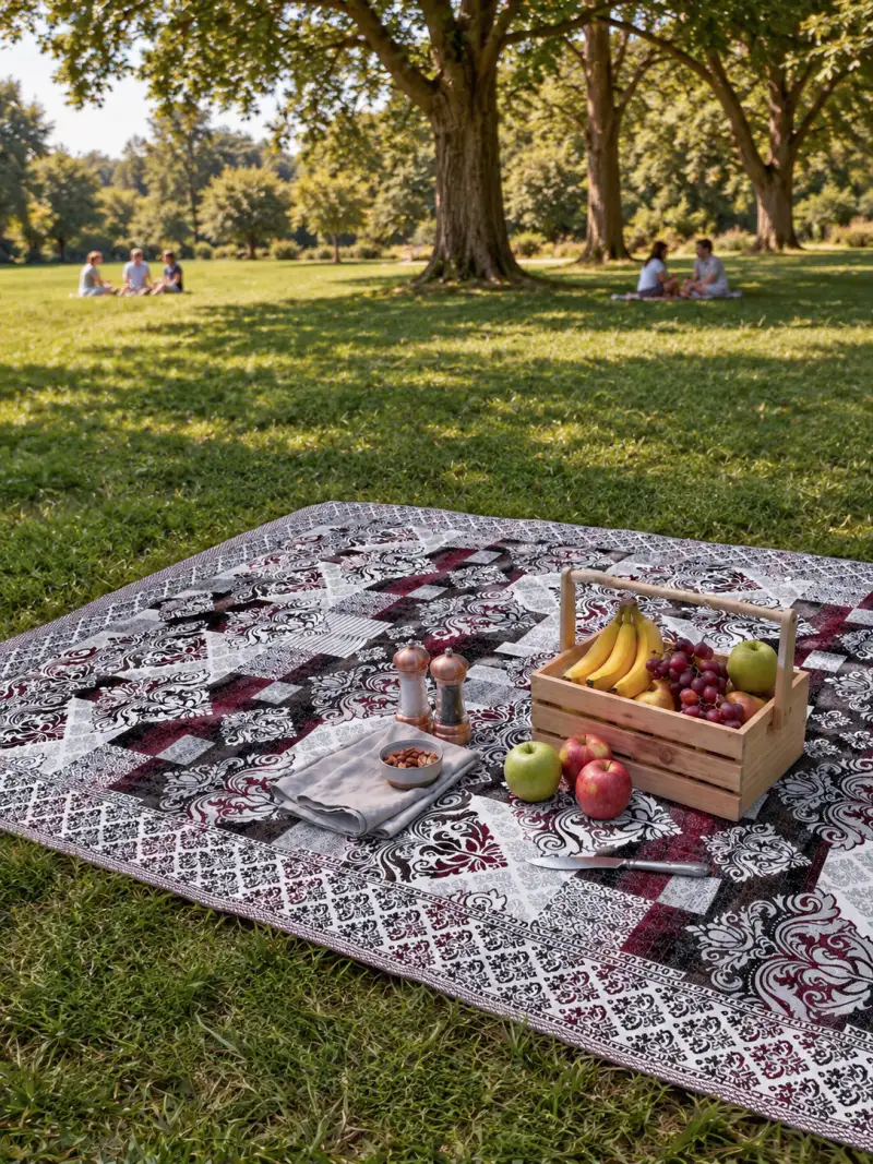Patterned throw spread on the grass at a picnic